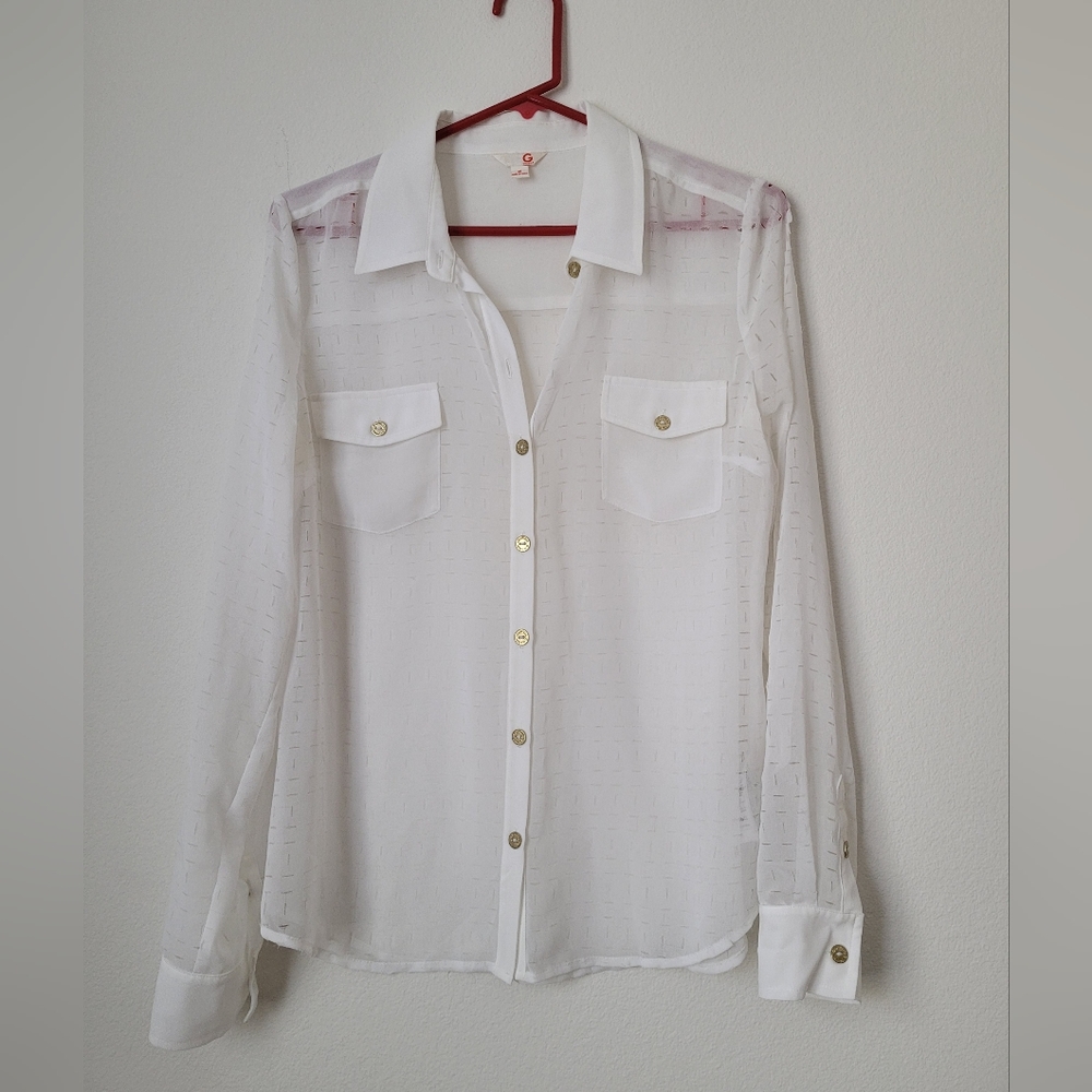 G by Guess white see through button down women top